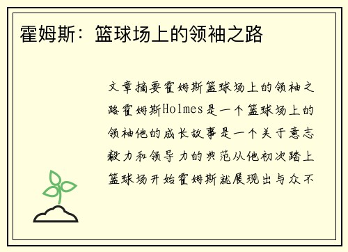 霍姆斯：篮球场上的领袖之路